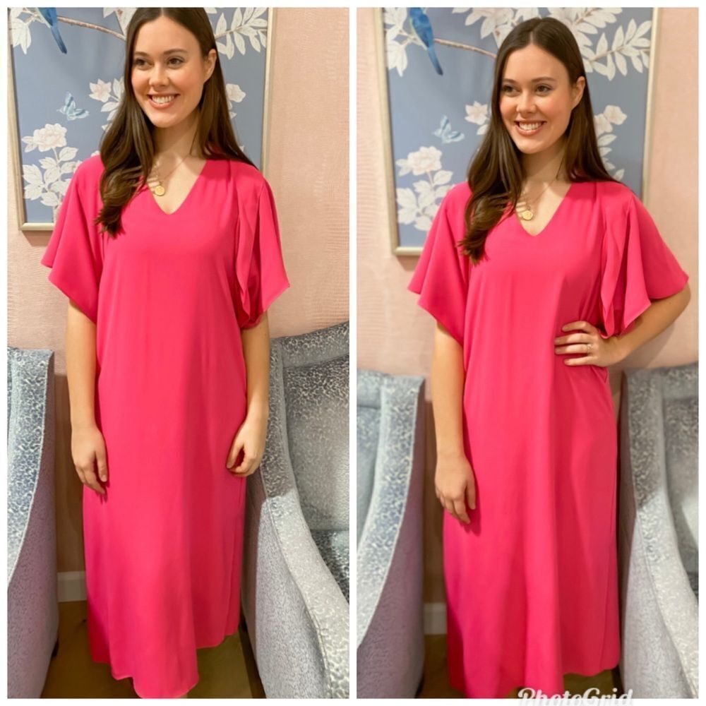 V-Neck Flutter Sleeve Maxi Dress - Hot Pink